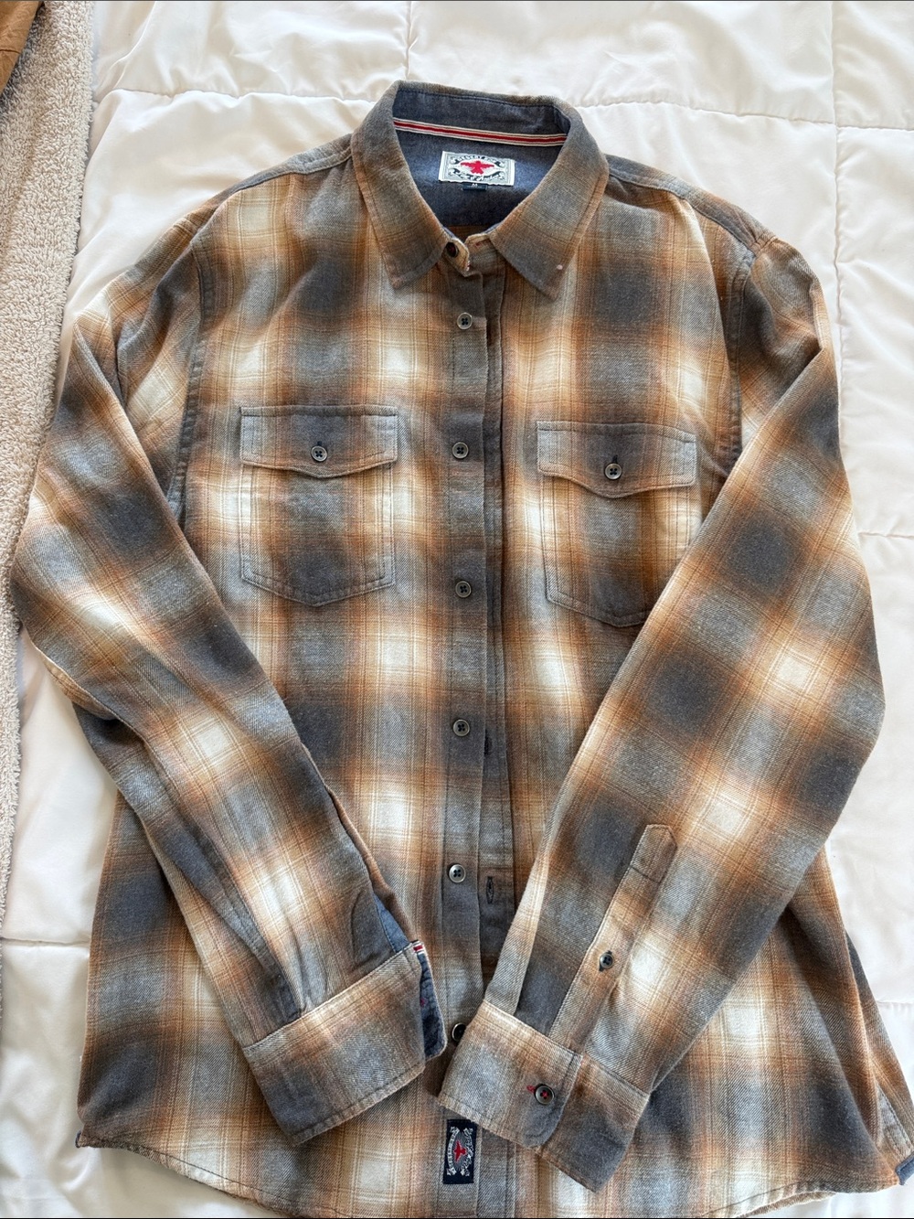 Men's Plaid Flannel Shirt Jacket in Brown and Gray
